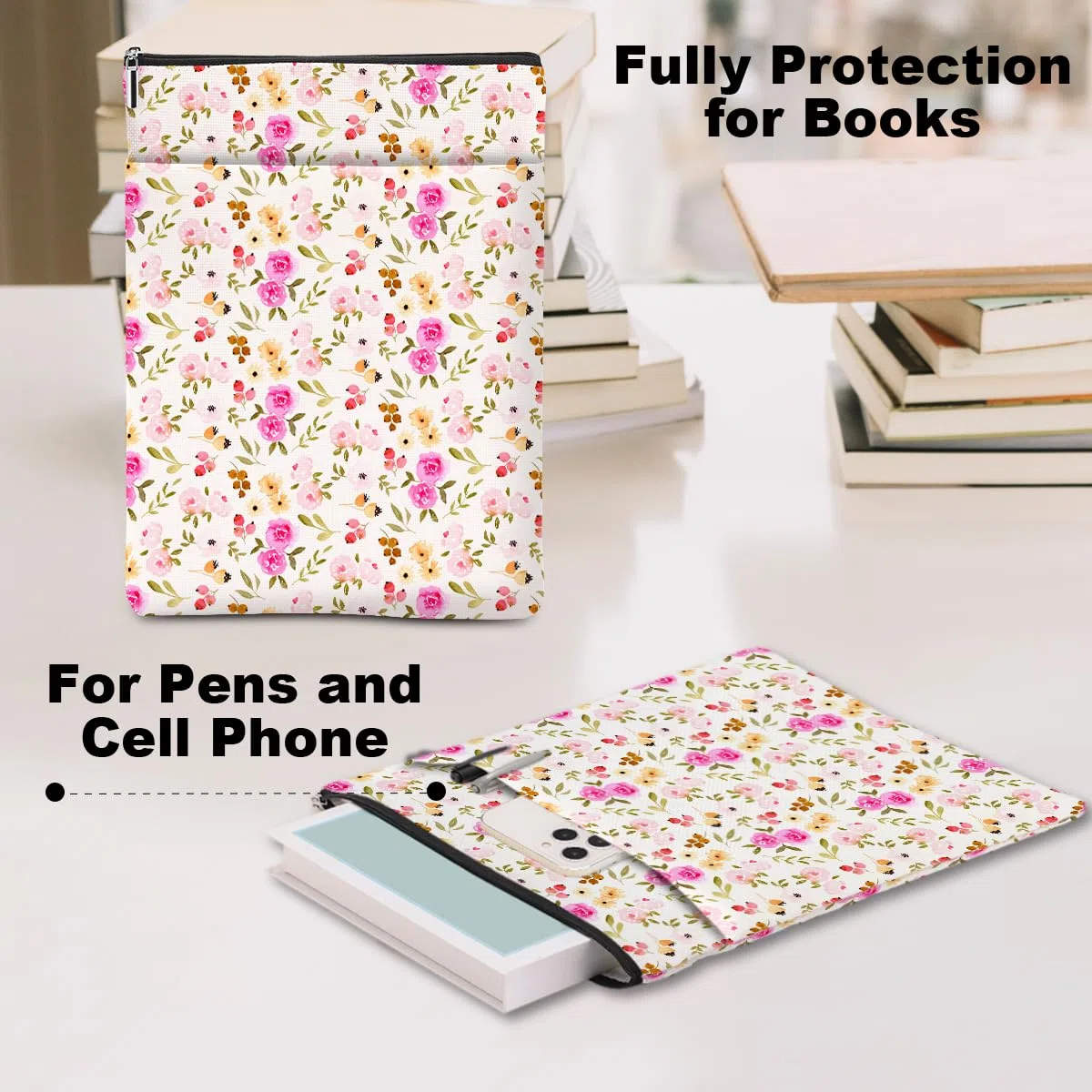 Funda impermeable con estampado floral de acuarela para amantes de los libros, con cremallera y bolsillo frontal, funda para libros para mujeres, niñas, lectores, esposa, accesorios de libros, regalos