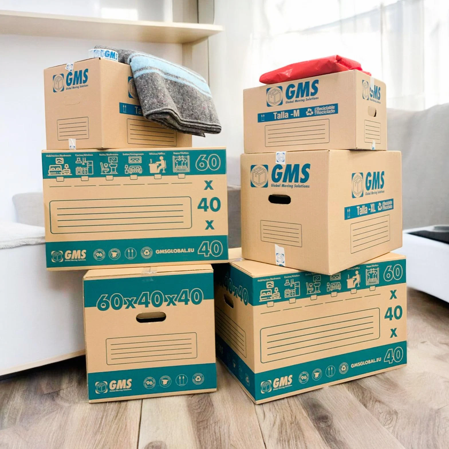Cajas de Cartón Mudanza 60x40x40cm 96 Litros + Burbuja 6x0,6m Ultra Resistentes