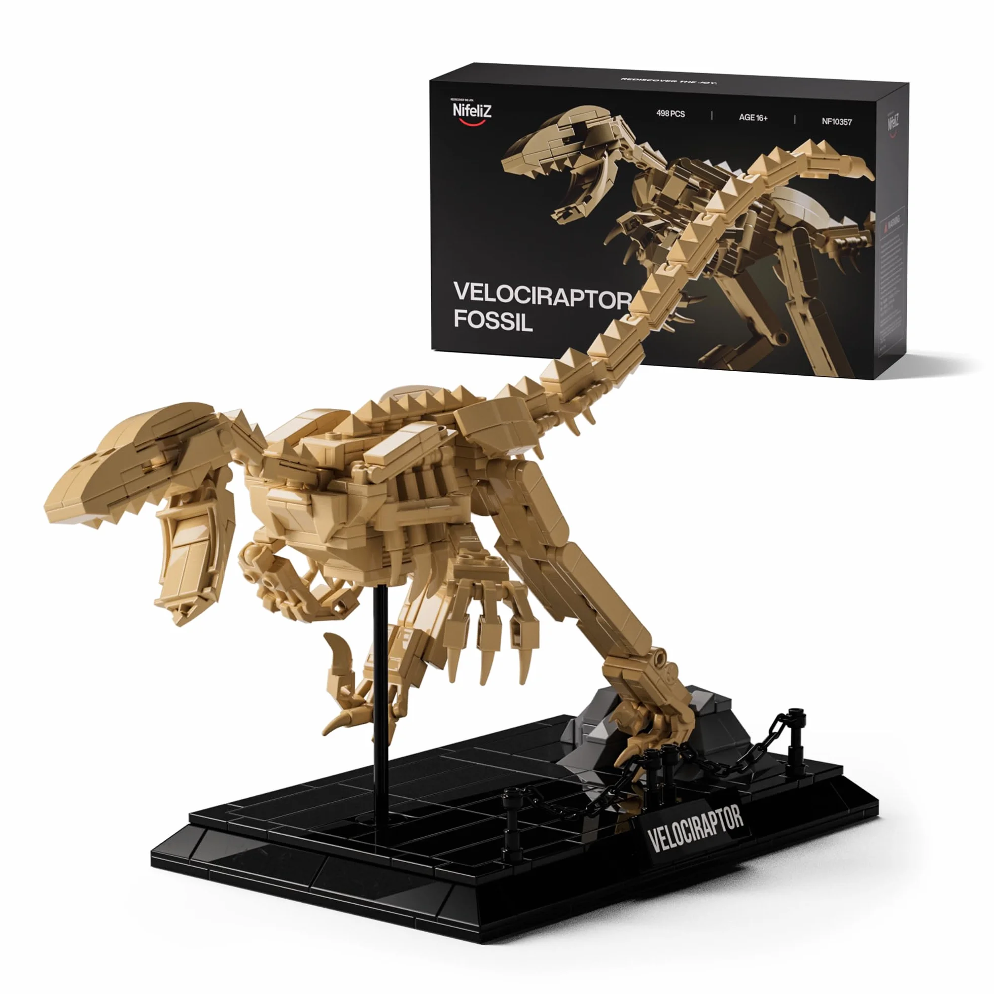 Nifeliz Set de Modelo Fósil de Velociraptor, Kit de Construcción de Esqueleto de Dinosaurio con Base para Adultos, Regalo de Colección para Amantes de los Dinosaurios (498 Piezas, NF10357)