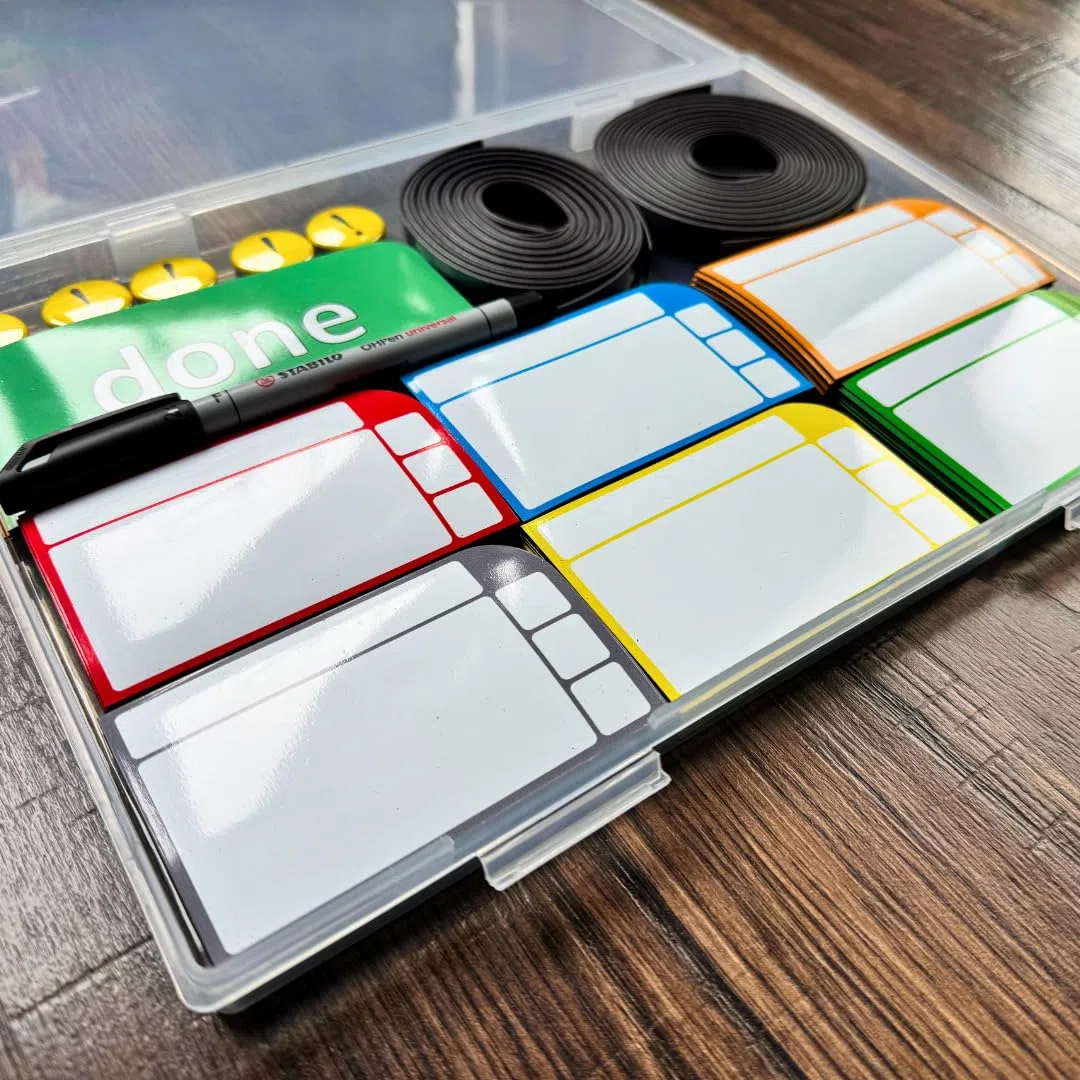Juego de tarjetas Scrum Board Premium - Notas adhesivas magnéticas - Carteles - Tiras - Rotuladores solubles en agua