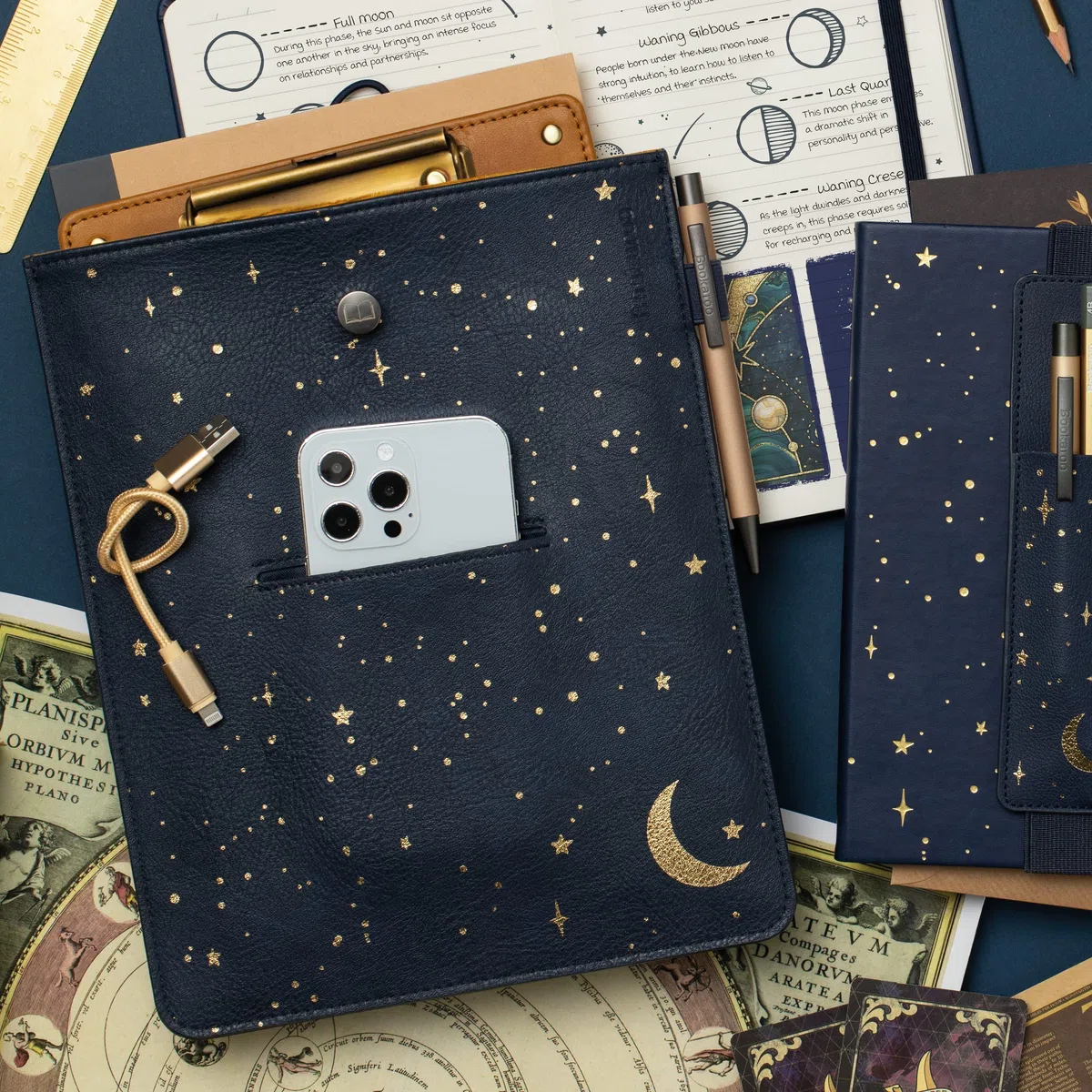 IF Bookaroo - Bolsa para libros, luna y estrellas, azul oscuro/dorado