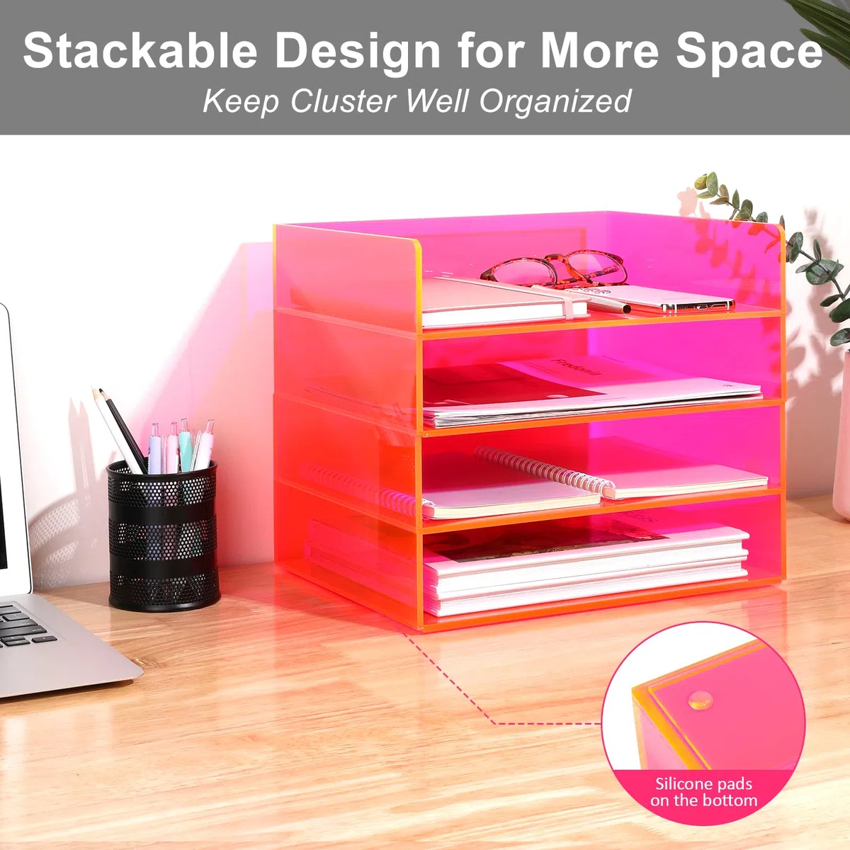 Gelite Organizador de archivos acrílico para escritorio, bandeja apilable de 4 niveles, bandeja de cartas, almacenamiento de papel de oficina, clasificador de documentos de escritorio, rosa neón