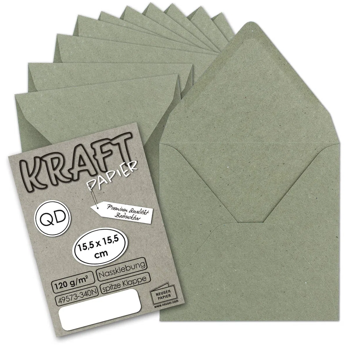 200 sobres vintage cuadrados de papel kraft gris - sostenibles - 15,5 x 15,5 cm - solapa en punta con cierre adhesivo húmedo - NEUSER PAPIER