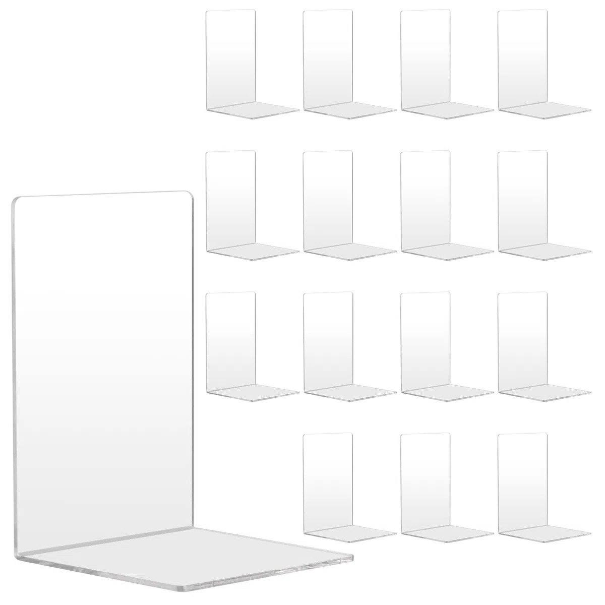 16 Sujetalibros de Acrílico Transparente 3mm, Forma de L con Almohadillas Antideslizantes, 12.5x12.5x18.5cm, para Libros, Estantería, Escritorio, Oficina, Escuela, Biblioteca, Hogar