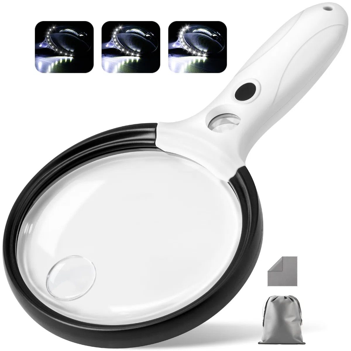 Lupa grande con luz, 10 x 25 x 45 x lupa iluminada de mano con 3 modos de luz, 12 luces LED, bolsa de almacenamiento, paño limpio para personas mayores, lectura de monedas, inspección