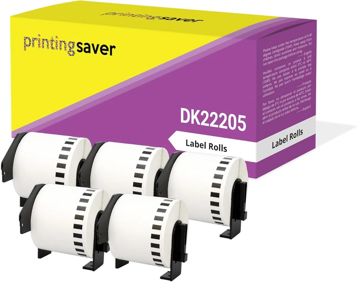5x DK-22205 62 mm x 30,48 m Cintas de Etiquetas continuas compatibles para Brother P-Touch QL-1050 QL-1060N QL-1110NWB QL-1100 QL-500 QL-500BW QL-570 QL-580 QL-700 QL-710W QL-800 QL-810W QL-820NWB