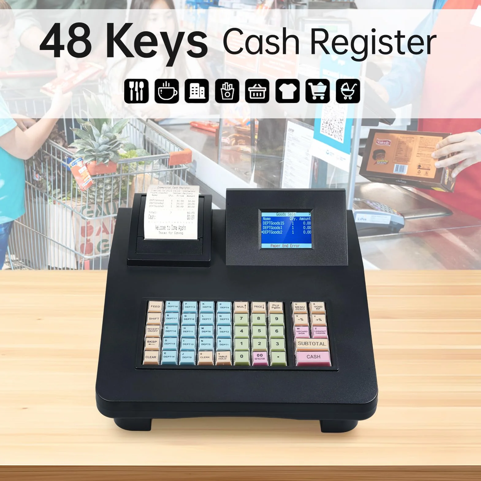 Caja Registradora Electrónica 48 Teclas Puerto USB RS232 Pantalla de 2,8 Pulgadas Caja Registradora para Tienda con Impresora Térmica de 58 Mm para Restaurante Minorista (Enchufe de la UE)