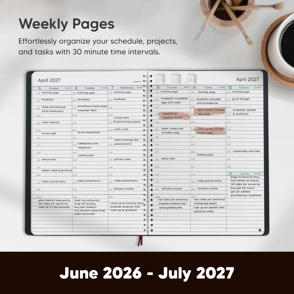 Agenda académica 2026-2027, semanal y mensual 2026-2027, libro de citas con tapa flexible, encuadernación de doble alambre, diseño simple para productividad, junio de 2026 a julio de 2027, 8.5 x 11