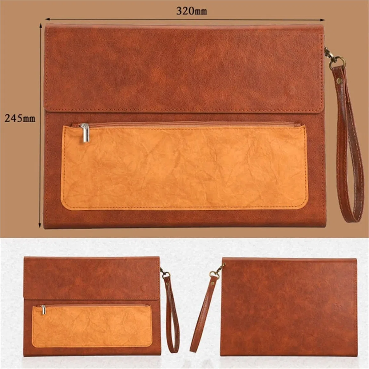 Documentos De Cuero Carpeta de cuero A4 for documentos, 2 unidades, gran capacidad, resistente al agua, for, contratos, facturas, suministros oficina(Brown without handle)