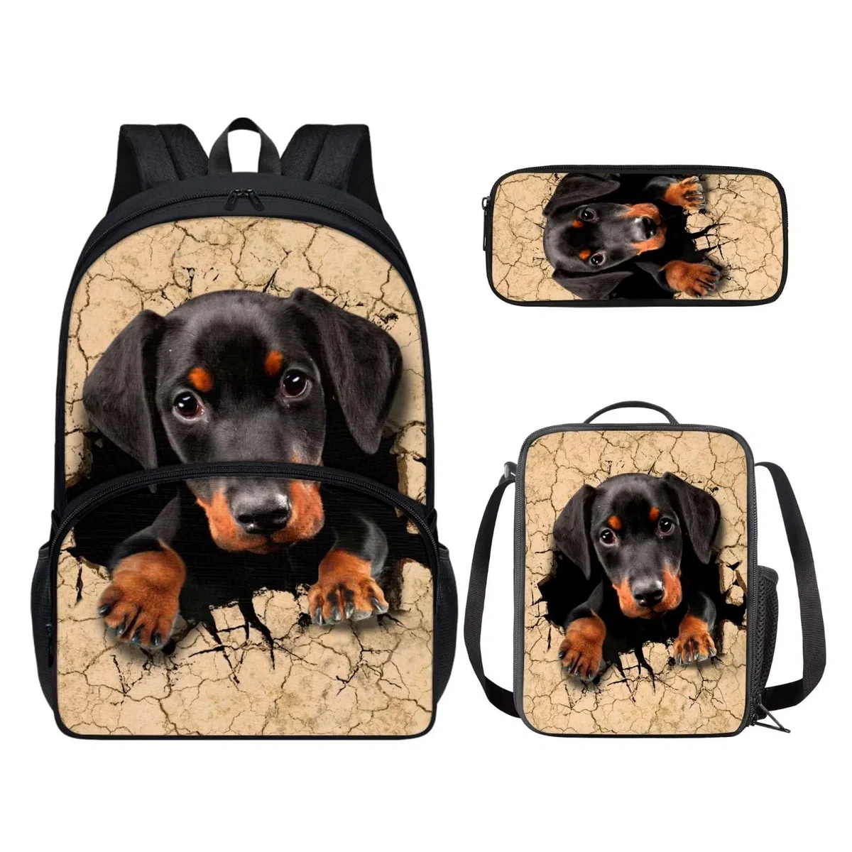 POLERO Juego de 3 bolsas escolares con impresión 3D para el almuerzo, estuche para lápices, Salchicha negra, Talla única, Mochila infantil