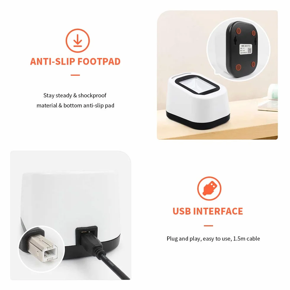 Docooler Escáner de código de Barras con Cable Escaneo versátil USB Escaneo de Manos Libres Código QR 1D y Lector de código 2D para supermercados/Tiendas