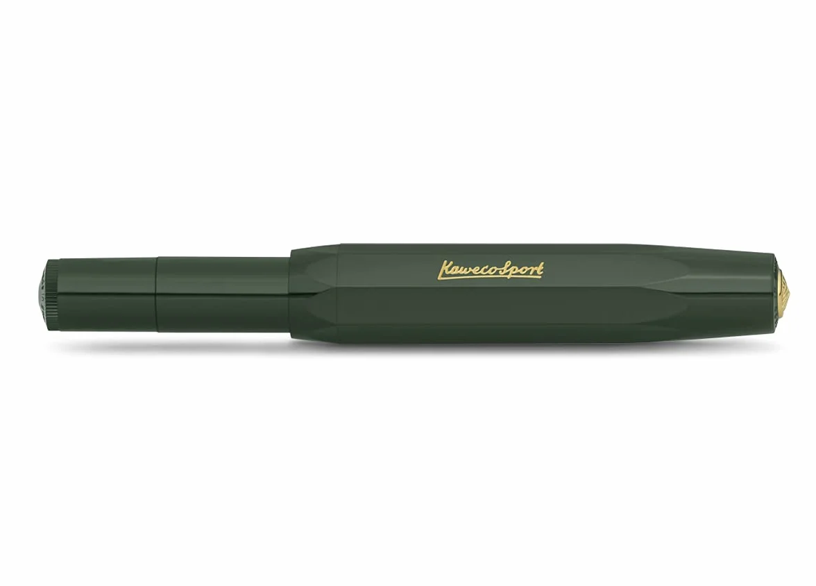 Kaweco Classic Sport Pluma estilogr?fica con plum?n de acero chapado en oro de 23 quilates y punta de iridio para cartuchos de tinta I Kaweco Sport de 13,5 cm (fino, verde)
