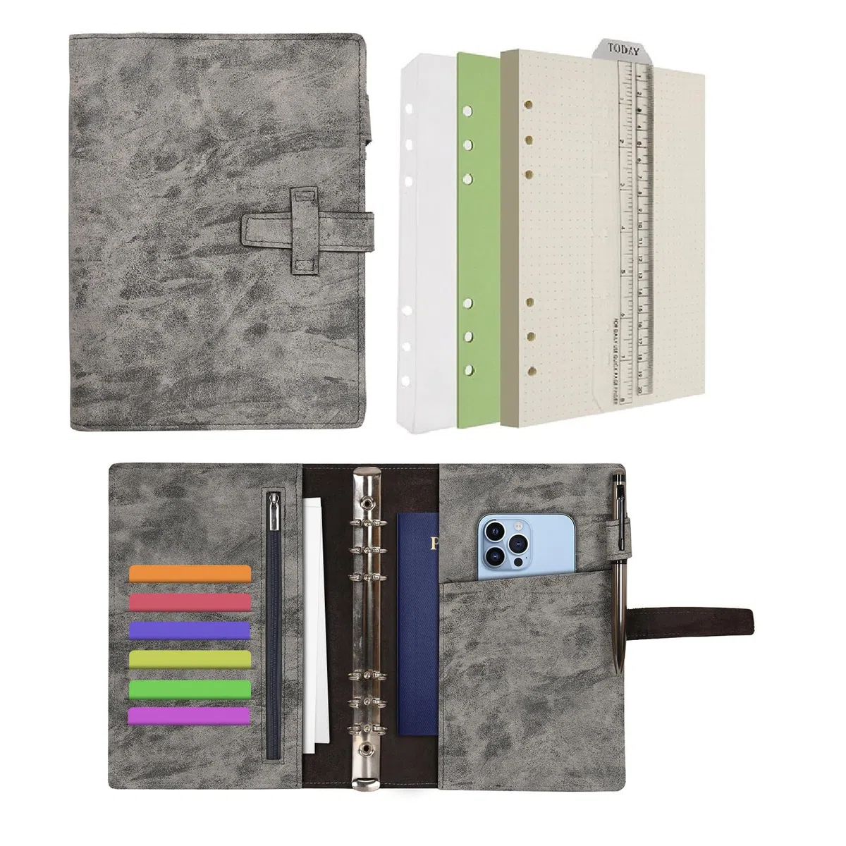 Wonderpool Carpeta de Cuero A5 6 Anillas Papel Punteado Organizador Recargable Cuaderno de Escritura y Funda con Múltiples Bolsillos Para Viajes de Estudio de Negocios (A5, Gris)