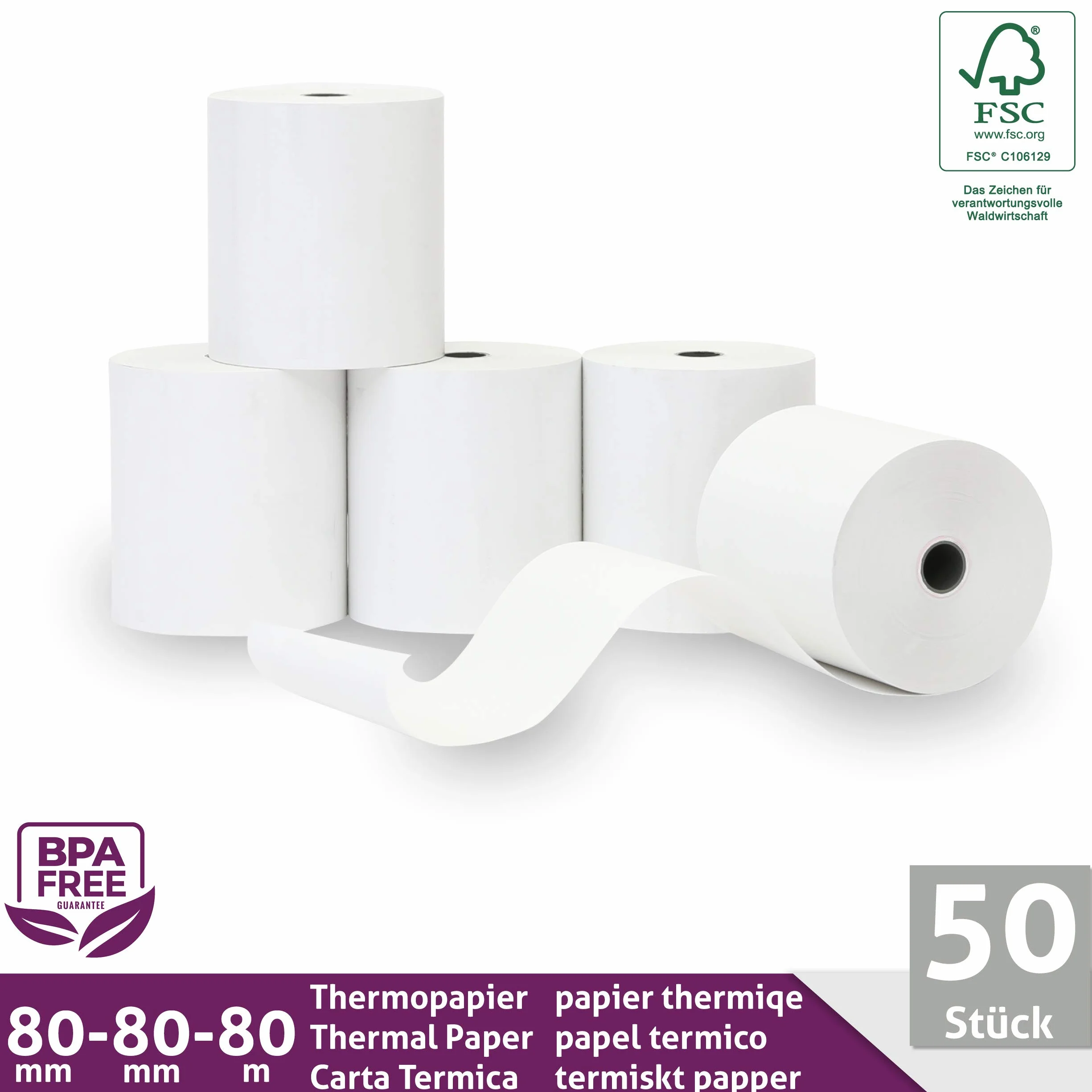 LYNNE - Rollos Papel Termico 80x80 para Impresora de Tickets - Para caja registradora con impresora de recibos - Papel impresora Termica 80x80x12 - Rollo Papel térmico 80mm x 80mm x 80m - [50x]