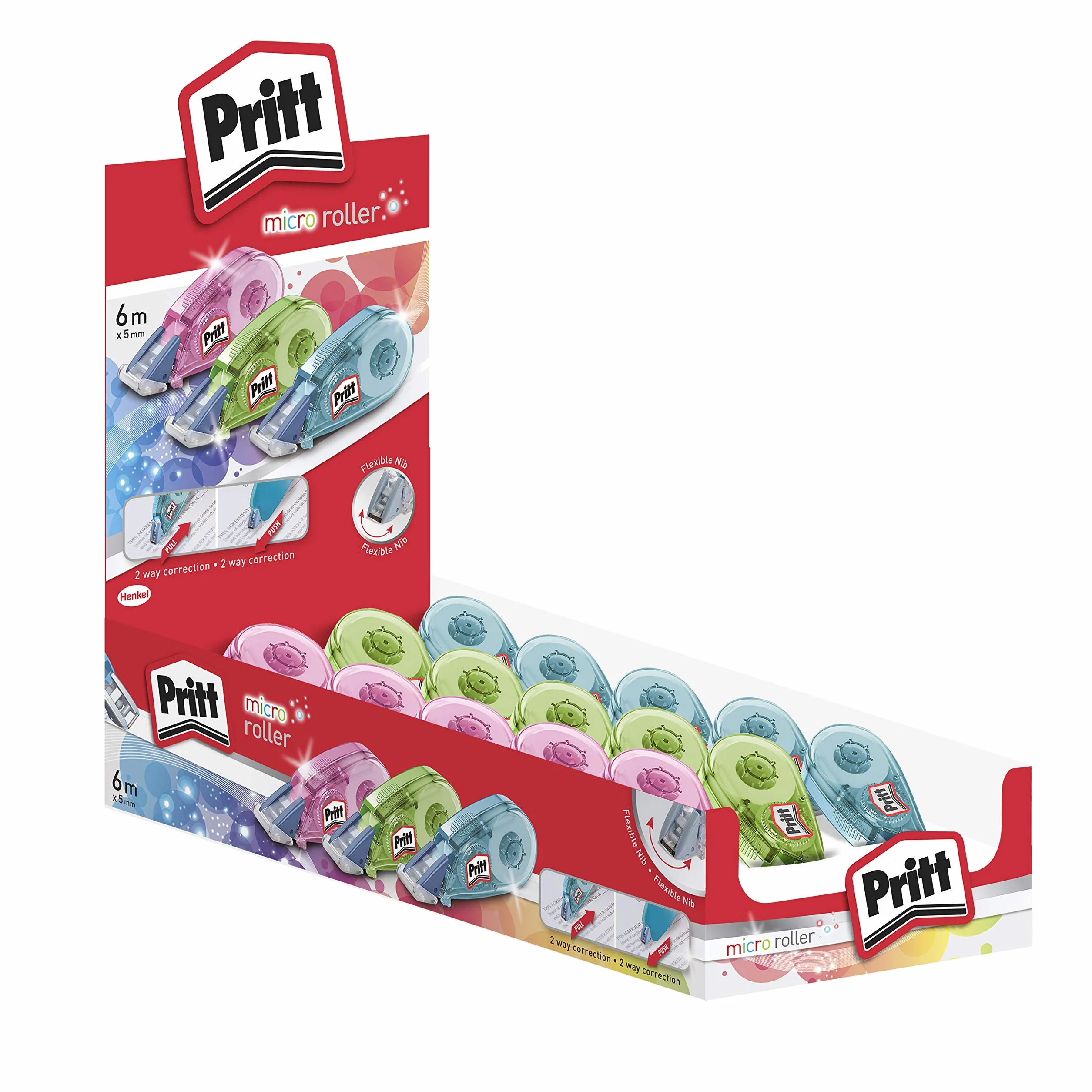 Pritt Micro Rolli, correctores de bolígrafo para tapar errores, cintas correctoras que no dejan manchas, corrector escolar en azul, verde y rosa, 15 x (5mm x 6m)