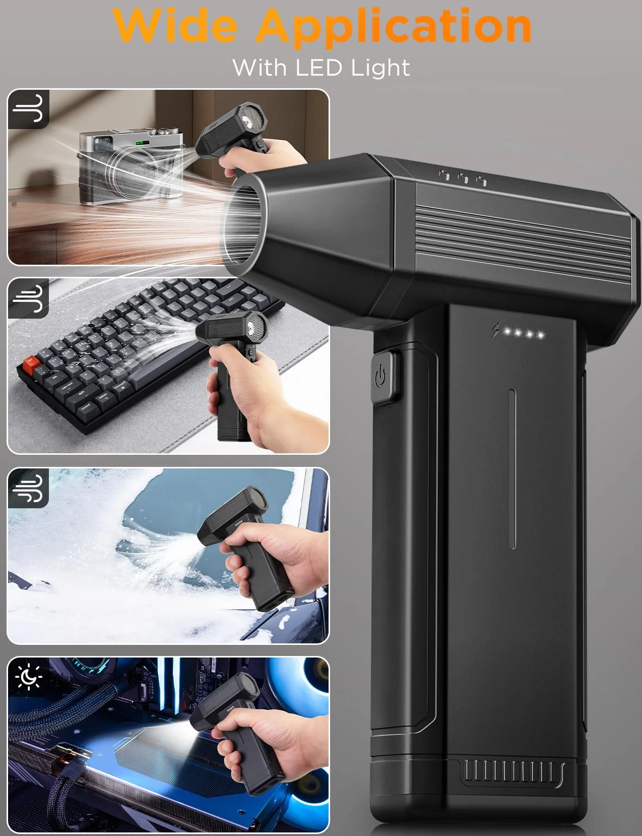 Soplador de Aire Potente con Luz LED, 6000 mAh 3 Velocidades 150000 RPM Soplador de Aire Comprimido Limpieza PC, Aire Comprimido Eléctrico Portátil Air Duster para Laptop, Coches, Sofás