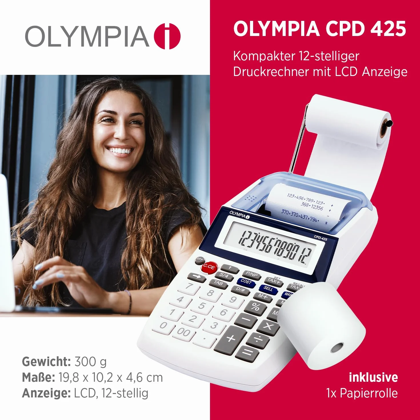 Olympia CPD 425 - Calculadora con impresión, pantalla LCD de 12 dígitos (119,9 x 102,2 x 45,7 mm)