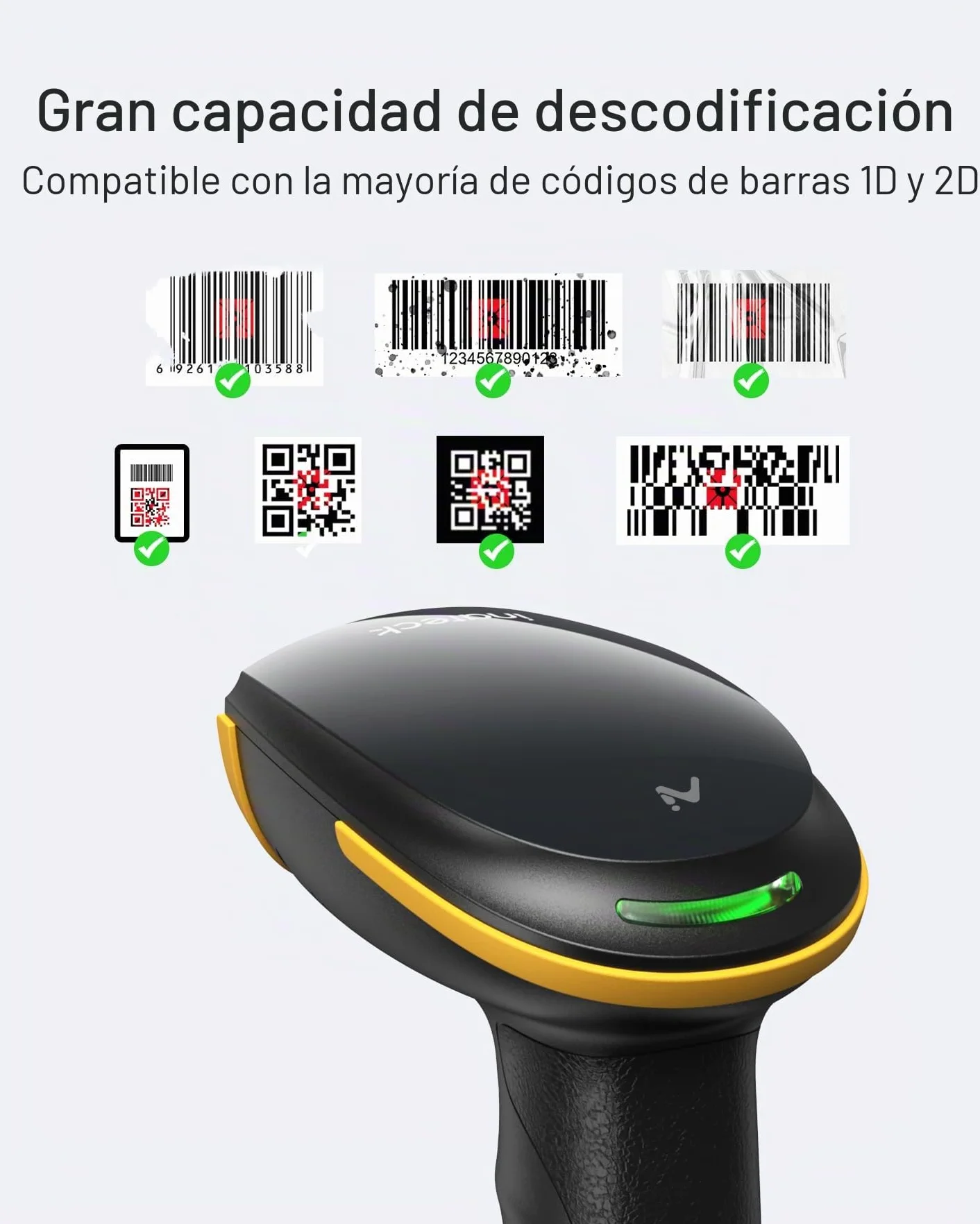 Inateck Escáner de Códigos de Barras Bluetooth 2D, Escáner QR Code 2D Inalámbrico con Batería de 2600 mAh y Base de Carga Inteligente, Escáner Portátil Compatible con AI, App, SDK, BCST-36