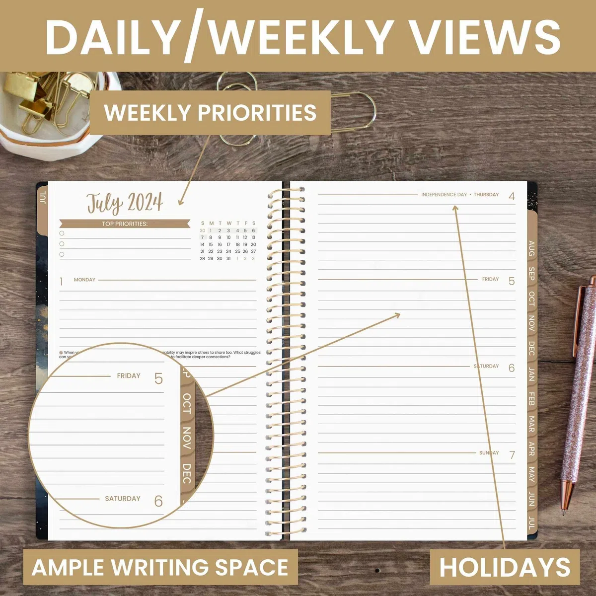 bloom daily planners Agenda del año académico 2024-2025 (julio de 2024 a julio de 2025) – 5.5 x 8.25 pulgadas – Agenda semanal/mensual con calcomanías y marcapáginas – Cielo de medianoche