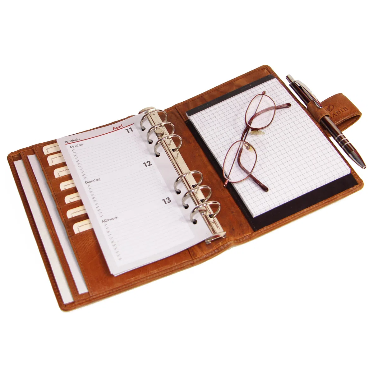 ALMADIH Carpeta de cuero A6 Calendario 2025 + Bloc de notas agenda Personal Organizador Diario documentos Cartera de conferencias Maletin Carpeta de anillas portadocumentos Cuaderno Marrón Deluxe