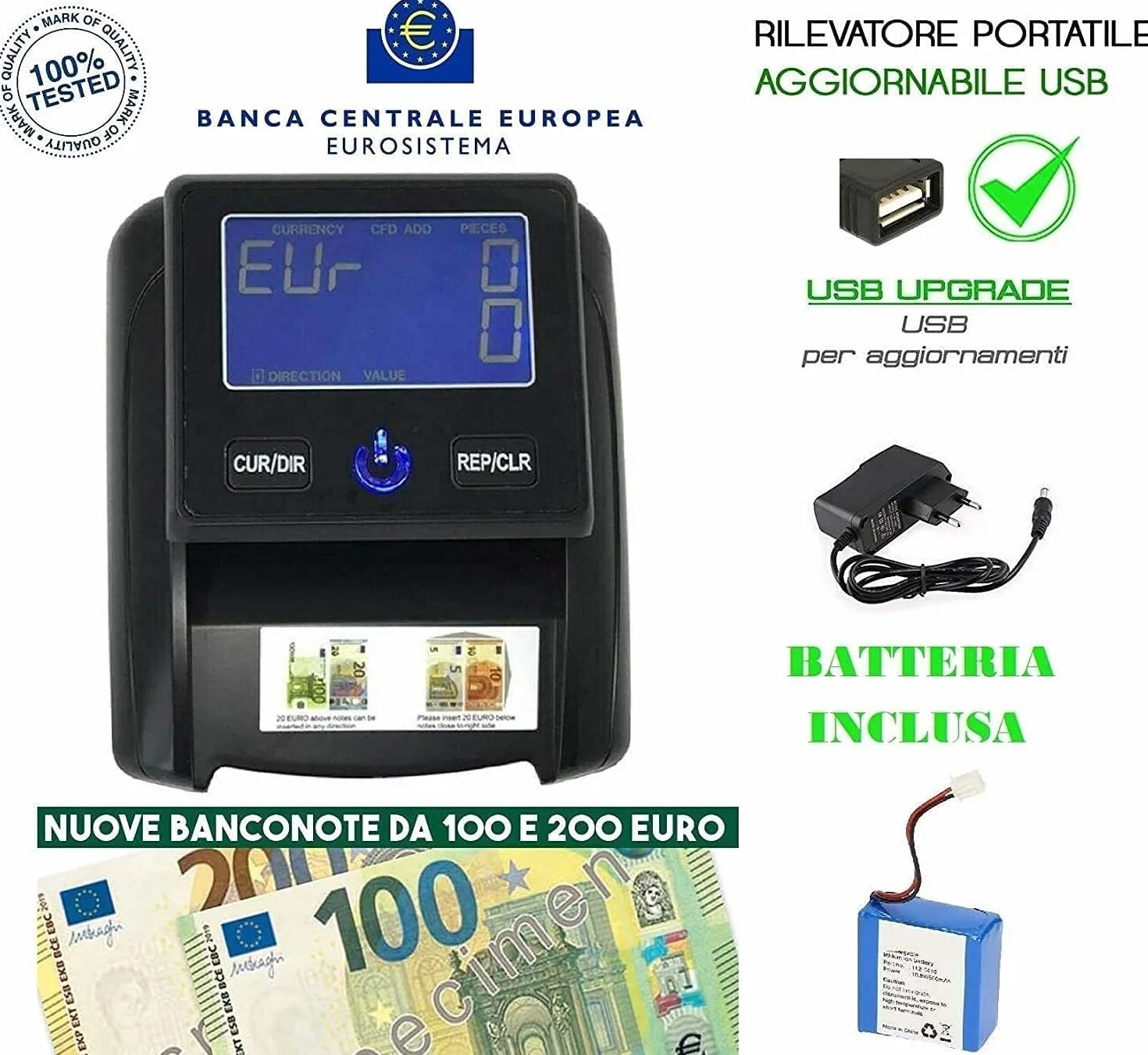 SQUADO Detector de dinero falso verificación billetes falsos EURO con batería recargable