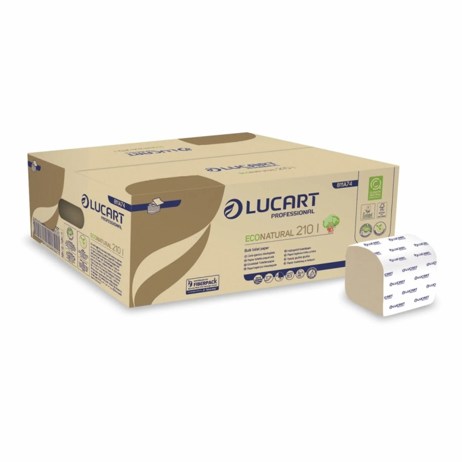 Lucart Professional, EcoNatural 210I, Papel Higiénico Interplegado en Fiberpack, Ideal para Baños Públicos y Oficinas, 210 piezas por paquete, 10x21 cm, 40 paquetes