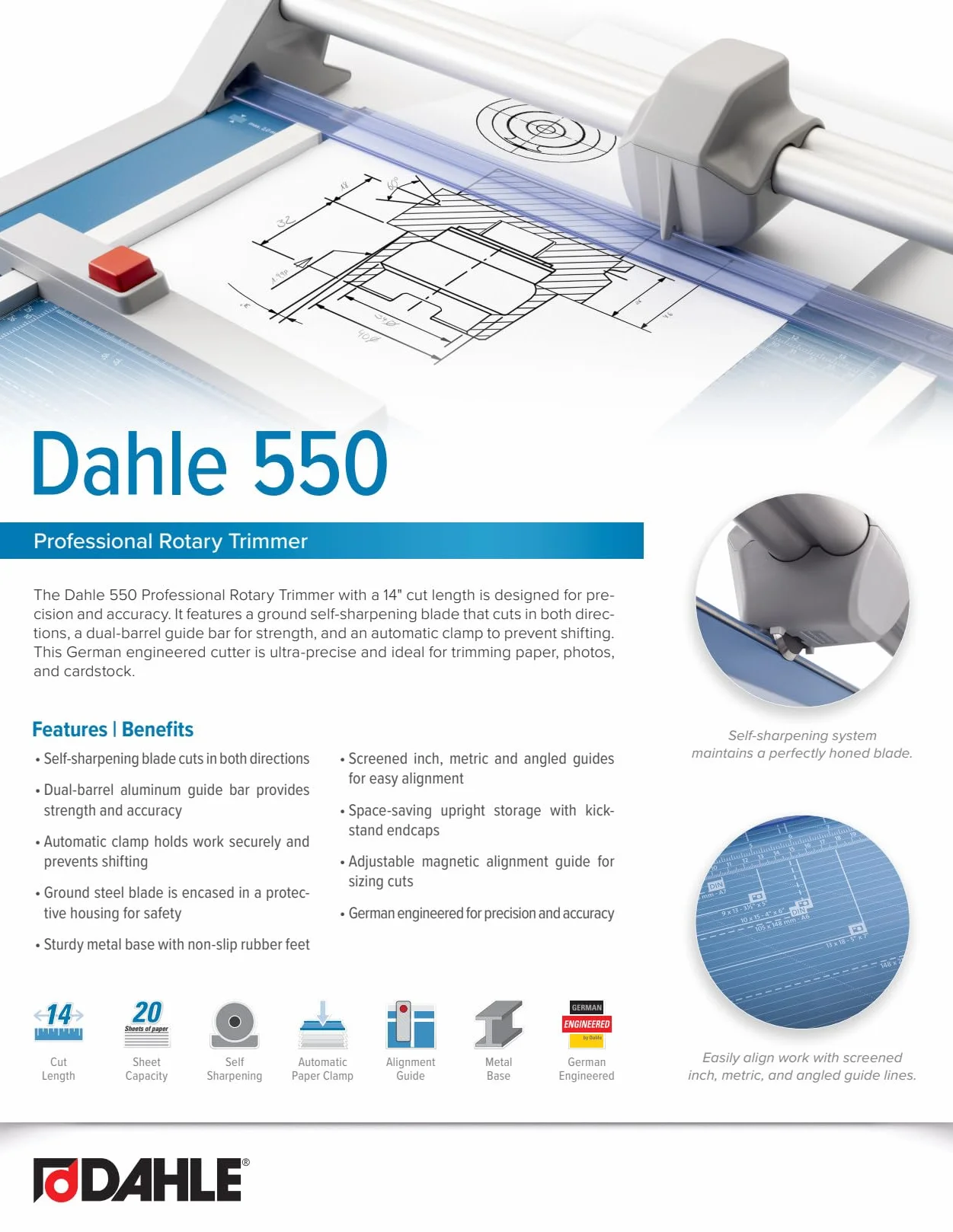 Dahle 550 - Guillotina profesional de seguridad DIN A4 autofilable, barra guía doble, presión automática