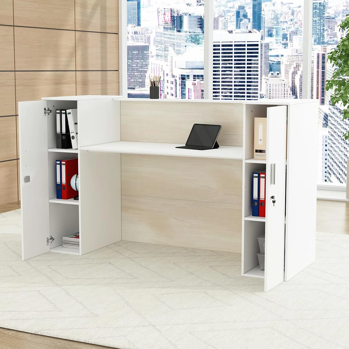 Mueble Recepción, Mostradores de Recepción Grandes, Mostradores para Tiendas con Estantes Ajustables, Recepción Mueble, Madera +Blanco, 180 X 60 X 110CM, MDF