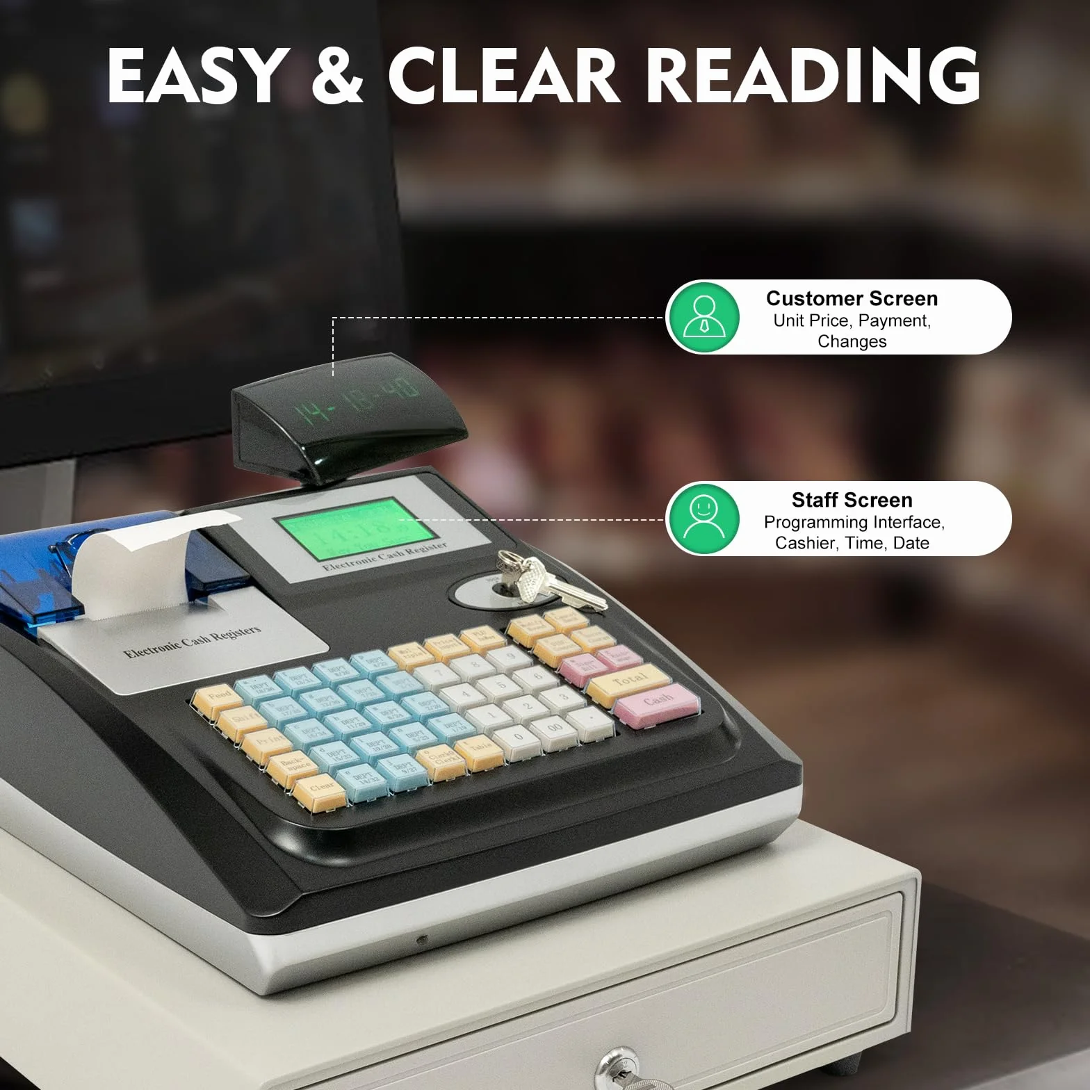 Caja registradora electrónica supermercado quiosco venta al por menor sistema POS con 48 teclas y doble pantalla Pos-cajas registradoras Soporte de mesa para restaurantes supermercados mayoristas