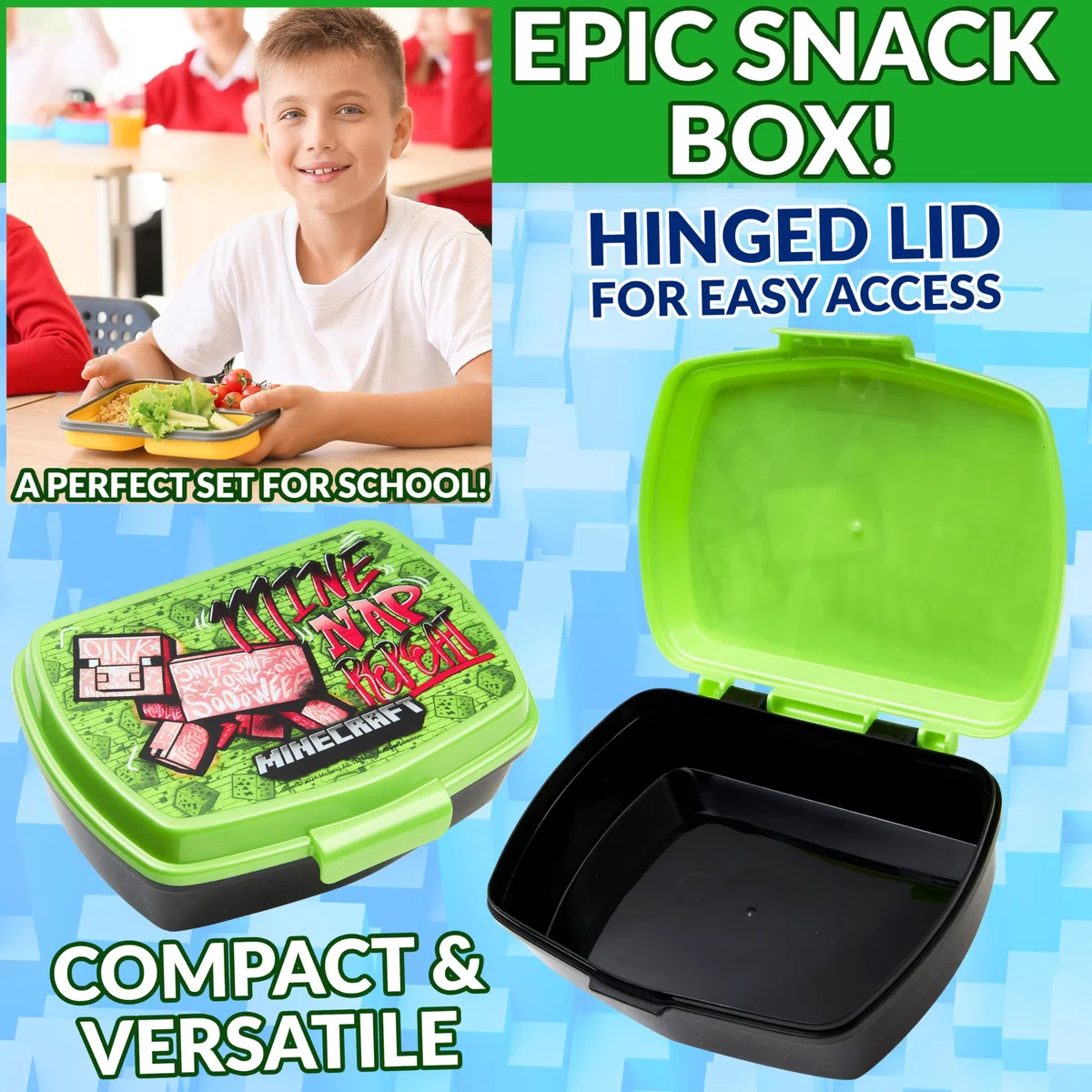 Minecraft Set de Bolsa de Almuerzo para Niños, 3 Piezas, Botella y Bolsa Fiambrera Infantil