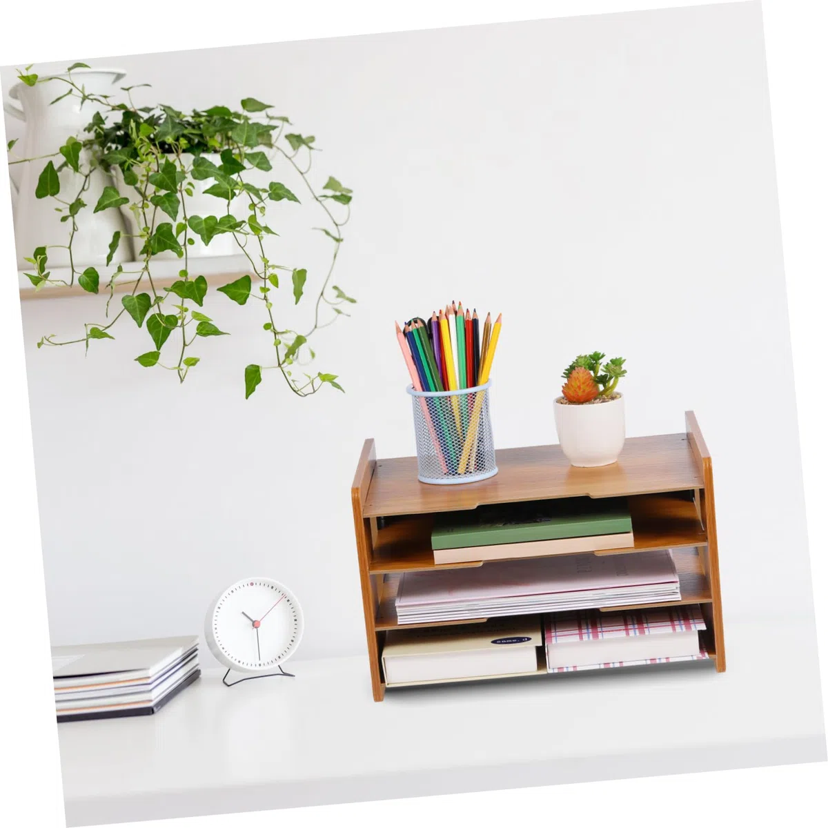 Organizador de Correo de Encimera 4 Capas Diseño Vertical para Oficina y Hogar, Clasificador de Papel de Madera para Documentos, Facturas y Revistas