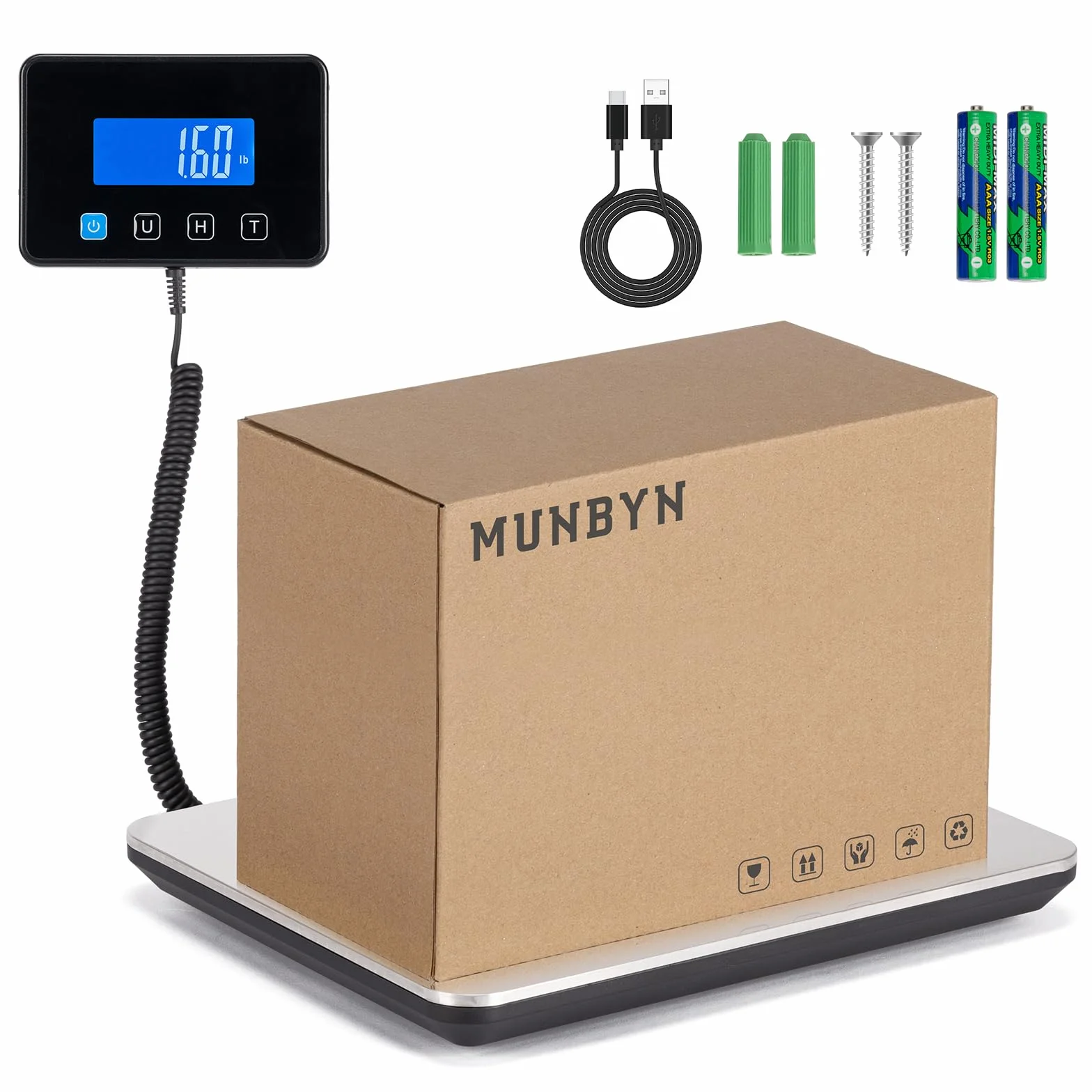 MUNBYN Bascula Industrial 200kg/50g, Acero Inoxidable, Pantalla LCD, con Retención/Tara, para Equipaje y Almacén