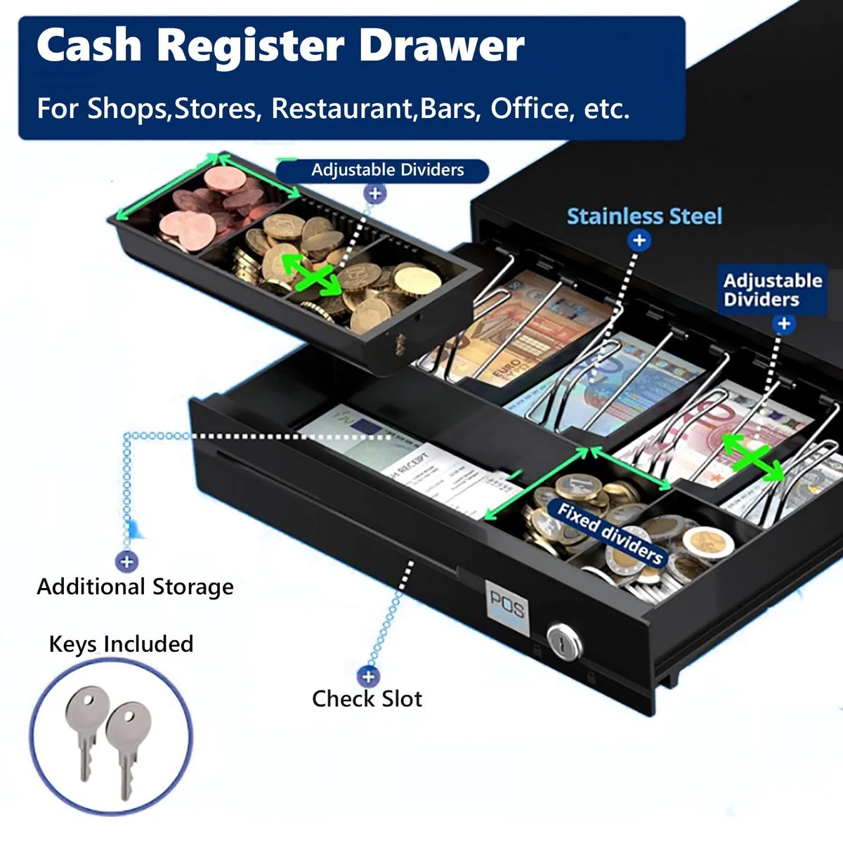 Cajón de caja registradora con compartimentos para monedas y billetes para tiendas y mercados, 4 compartimentos para monedas y 5 compartimentos para notas para transacciones organizadas