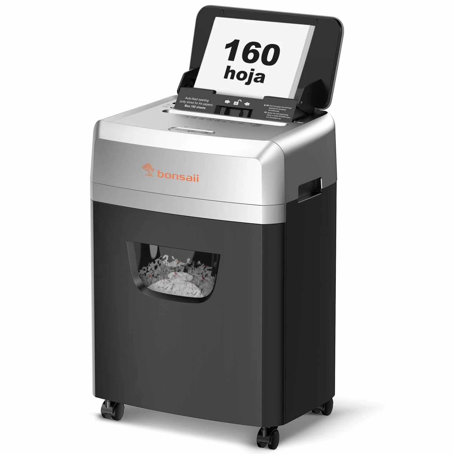 Bonsaii Trituradora de Documentos con alimentación automática para 160 Hojas, Corte en Cruz P-4, 60 Minutos de Funcionamiento Continuo, Caja de Recogida de 23 litros, para Uso en Oficina C290-A