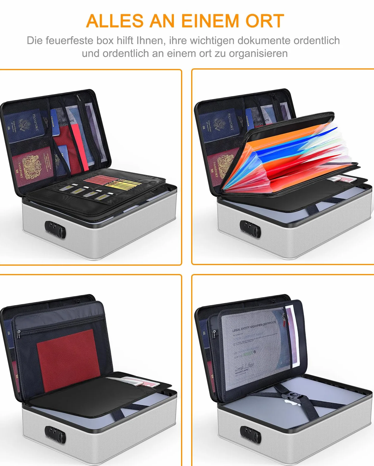 JUNDUN Organizador de documentos, resistente al fuego con cerradura, caja de almacenamiento de documentos con 7 compartimentos, organizador de archivos, maletín portátil para documentos importantes,