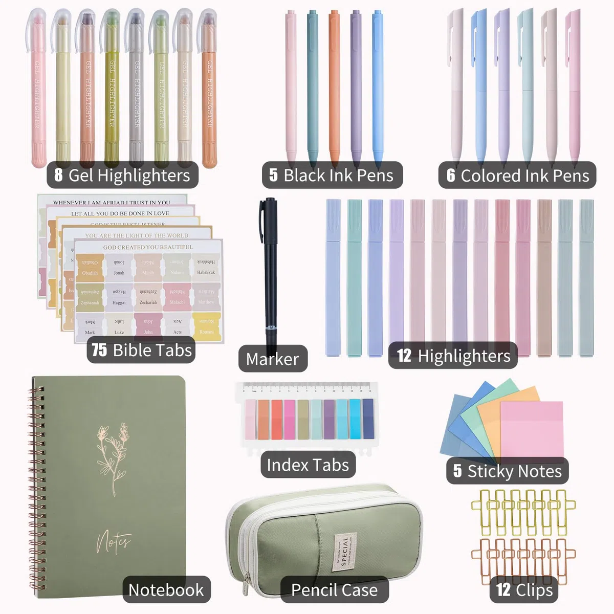 KOPKOFT Suministros de estudio bíblico, kit de diario bíblico para mujeres con diario, estuche para bolígrafos, pestañas, resaltadores y bolígrafos, kit de estudio bíblico para mujeres, regalos