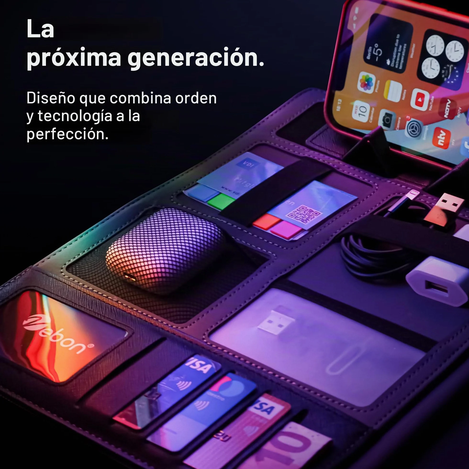 Vebon London Carpeta para documentos, tamaño A4, piel vegana, con cremallera, 2 en 1, carpeta y bolso para portátil, soporte para smartphone, negro