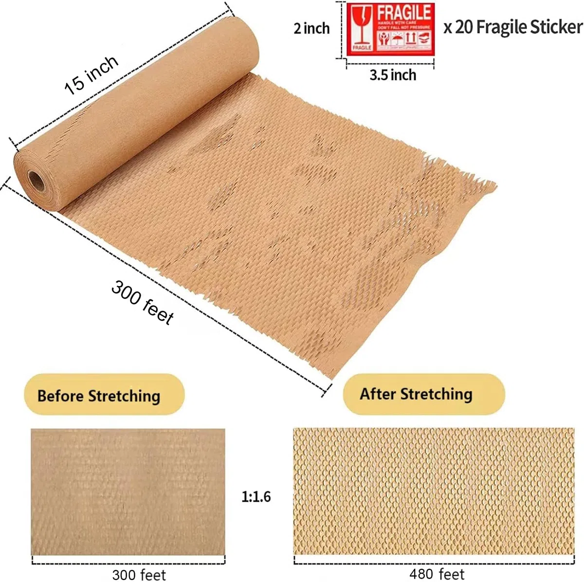 Papel de embalaje de panal, rollo de papel de burbujas de 15 x 300 pies para mudanzas, envíos, regalos de embalaje rompibles con 20 calcomanías frágiles biodegradables y totalmente reciclables, papel