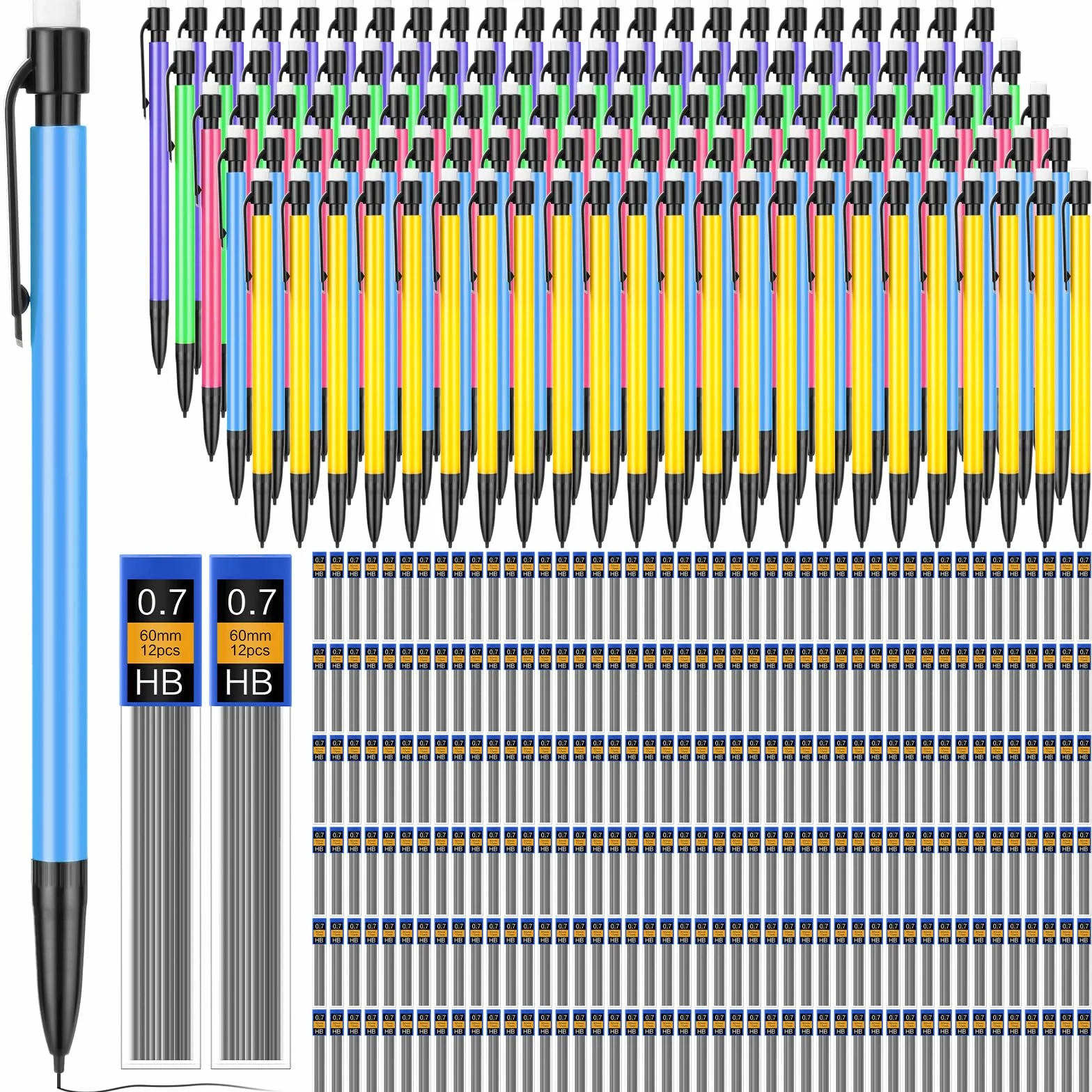 Juego de 480 lápices mecánicos de 0,7 mm, incluye lápiz mecánico con borrador, recambios de mina HB para arte, oficina, aula, escuela, estudiantes, escritura, dibujo, suministros de bocetos