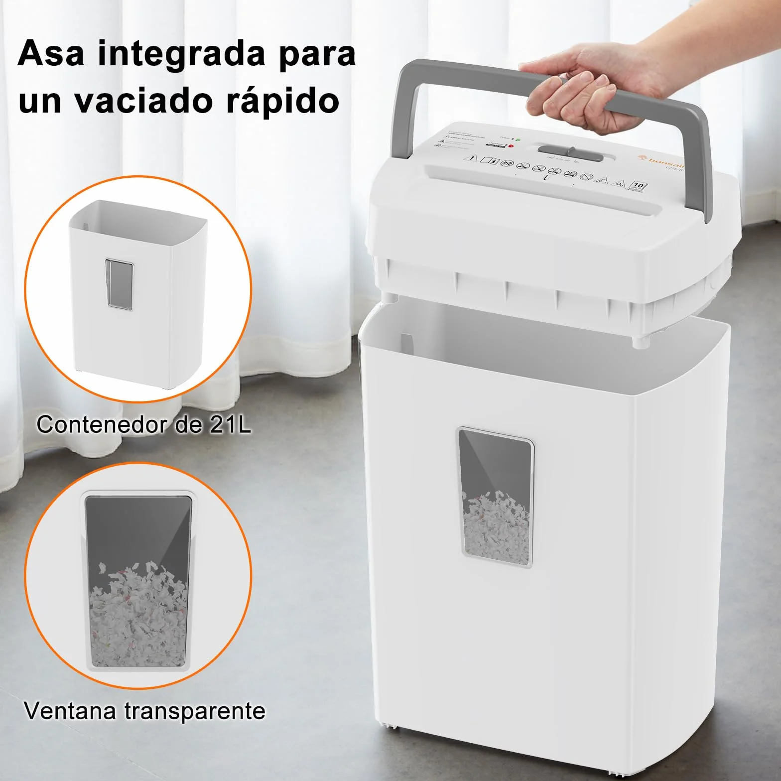 Bonsaii Destructora de Papel Microcortada de 10 Hojas, Nivel de Seguridad P4, con Depósito de 21 litros, Sistema Antiatascos y Protección contra Sobrecalentamiento, Ideal para Oficina/Hogar, C275-B