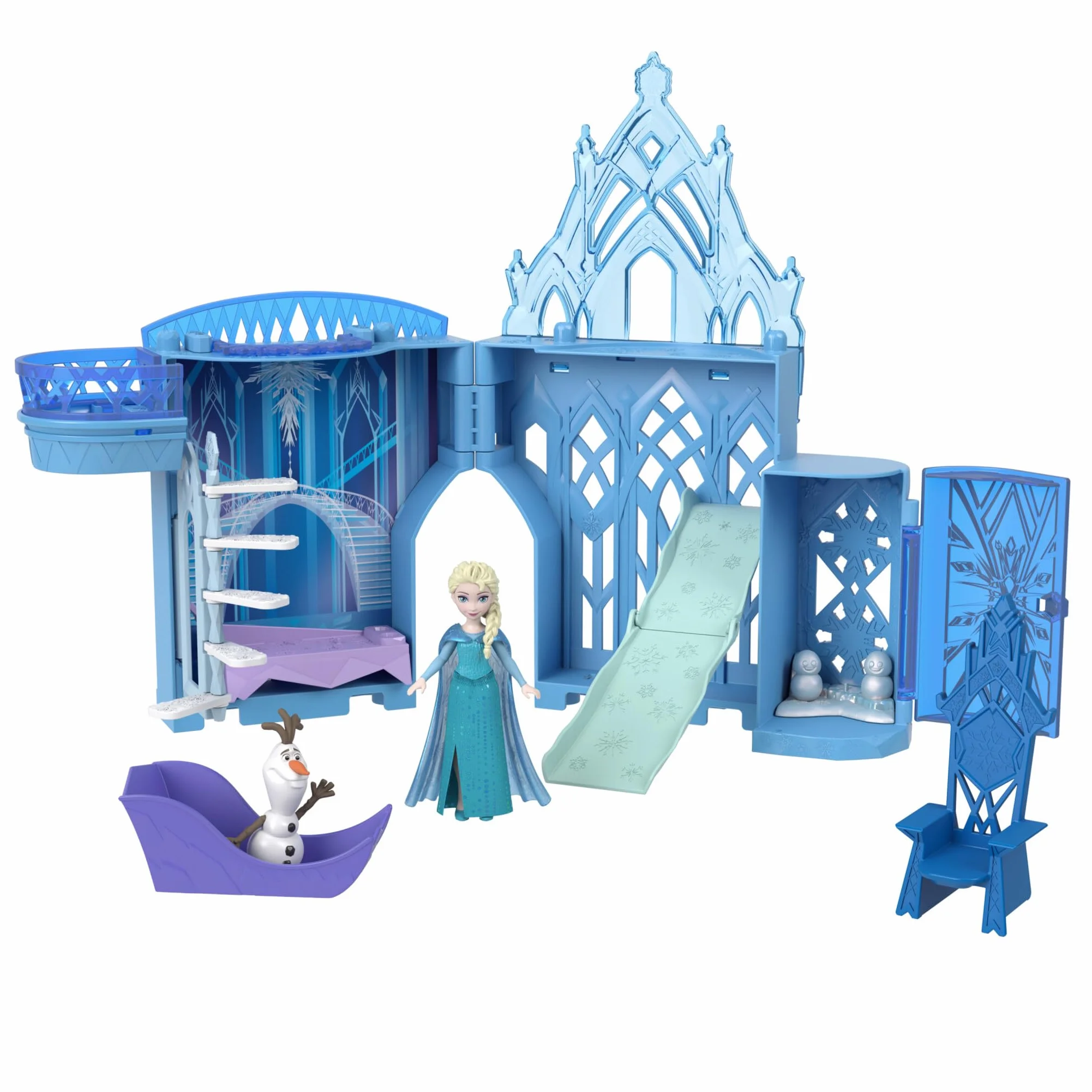 Disney Frozen Castillo de Elsa, Conjunto Apilable Casa de Muñecas con Muñeca Pequeña y 8 Piezas, Juguetes de Película, JDP63