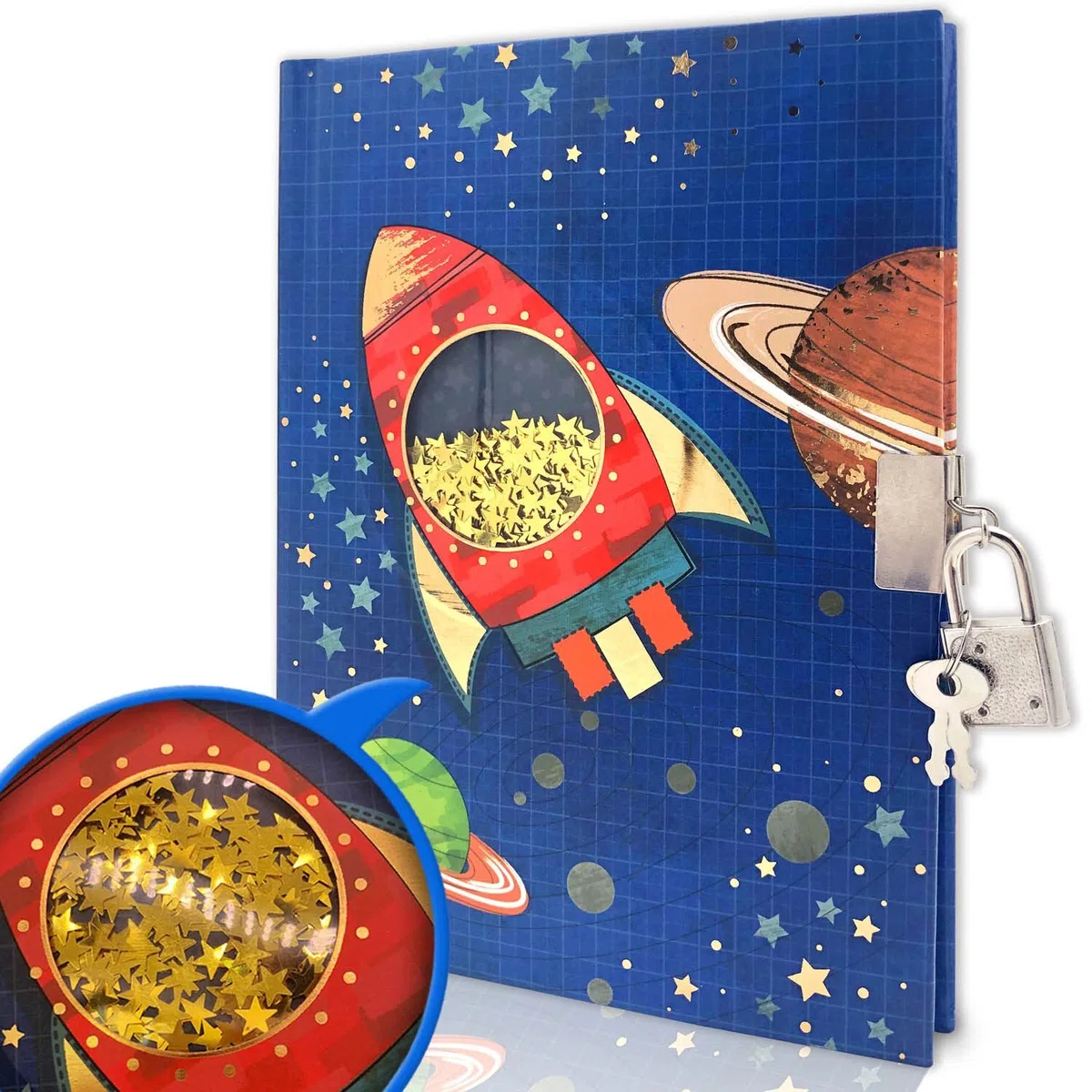 Agenda de Lujo con Estampado en lámina metálica. Diario con candado for niños, diseño de Nave Espacial Lentejuelas agitables, Secreto Personalizado, Material Oficina Escolar for Estudiantes