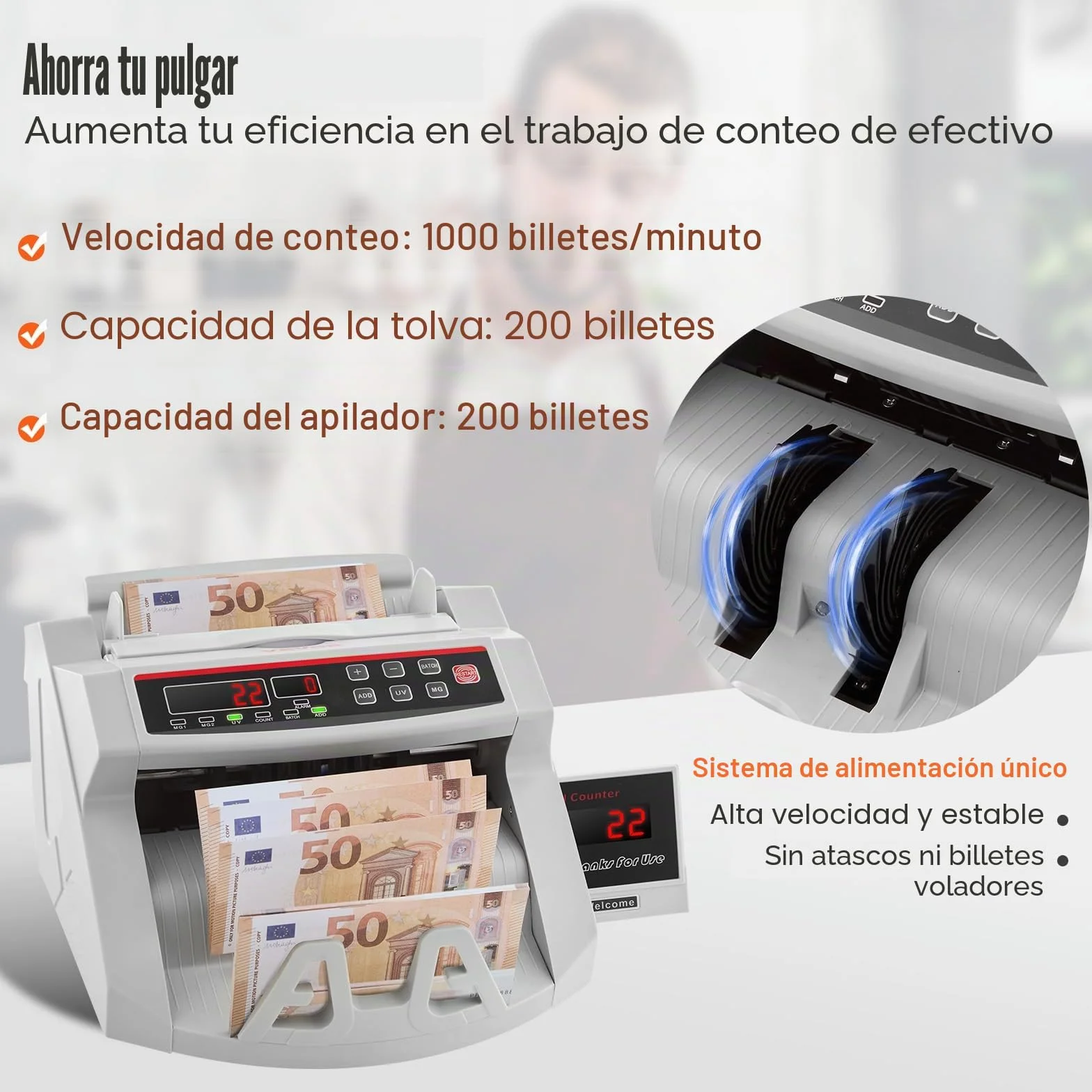 VEVOR Contador de billetes de dinero con pantalla LED contador de billetes profesional con detector de billetes falsos, UV/MG, 1000 billetes/minuto, solo cuenta el número de hojas