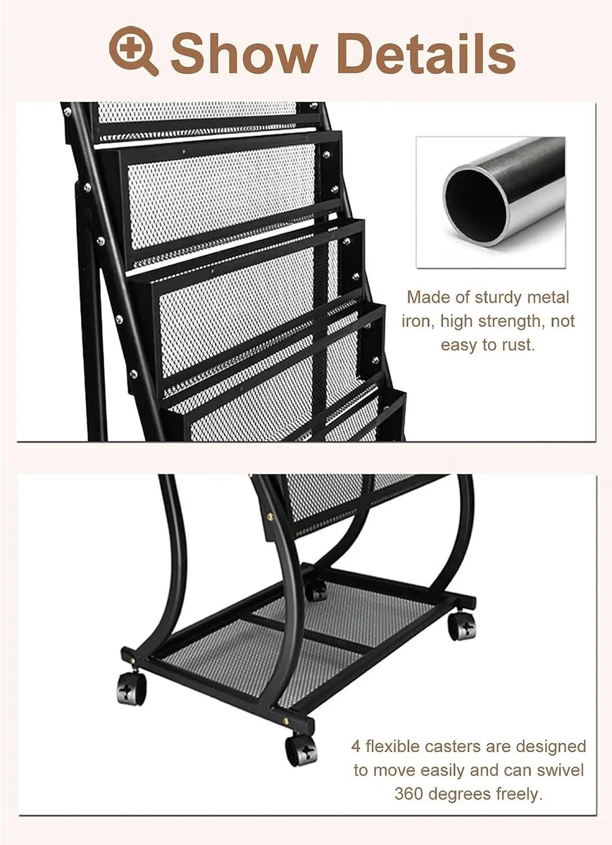 Estante De Exhibición, Estante De Carteles De Metal con Ruedas, Soporte De Revistas De Pie, Soporte De Exhibición De Folletos Y Folletos, para Almacenamiento De Oficina,Black