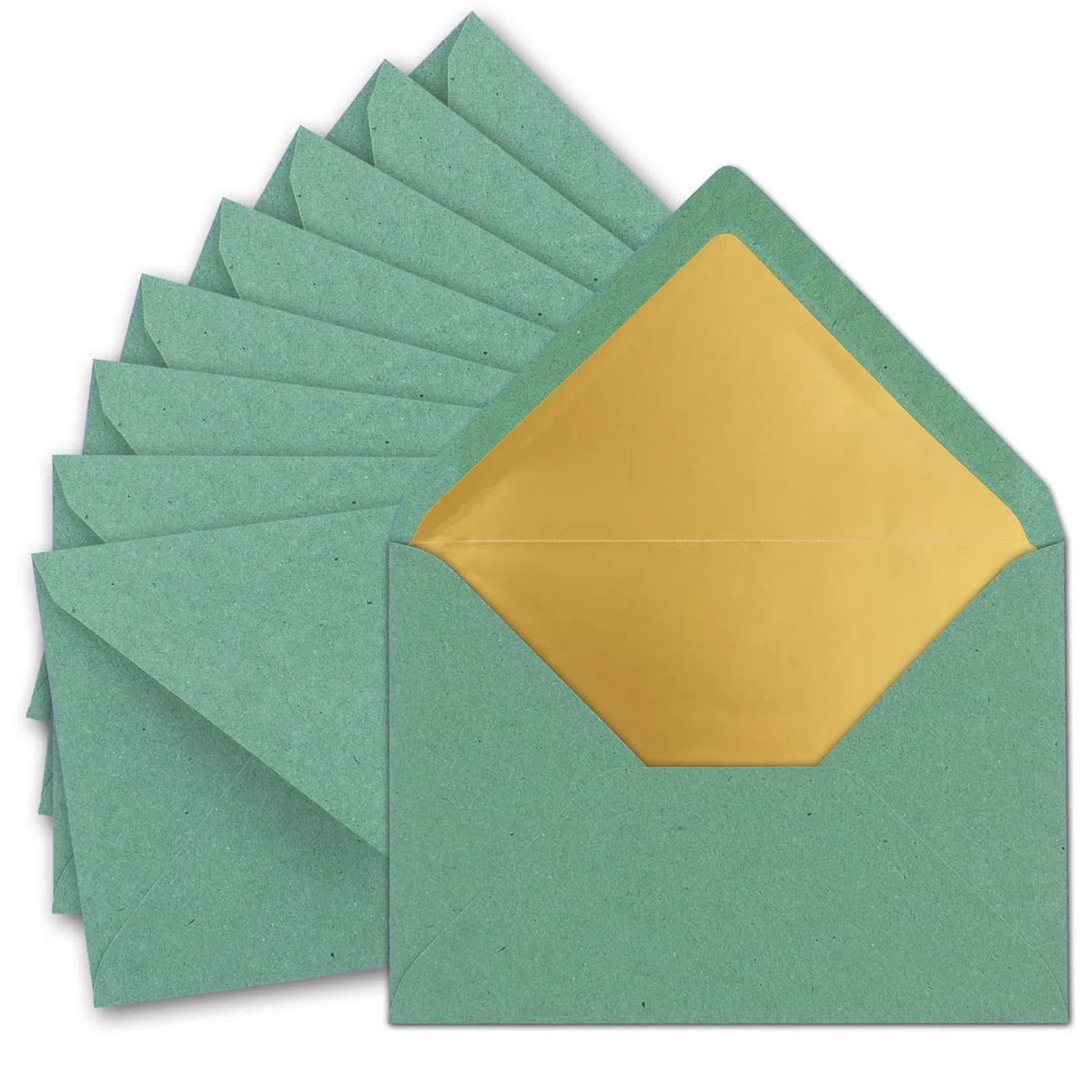 75 sobres DIN C5, 15,6 x 22 cm, de papel kraft en color verde eucalipto con forro de seda dorado, pegado en húmedo, sobres en blanco de papel reciclado, serie Umwelt