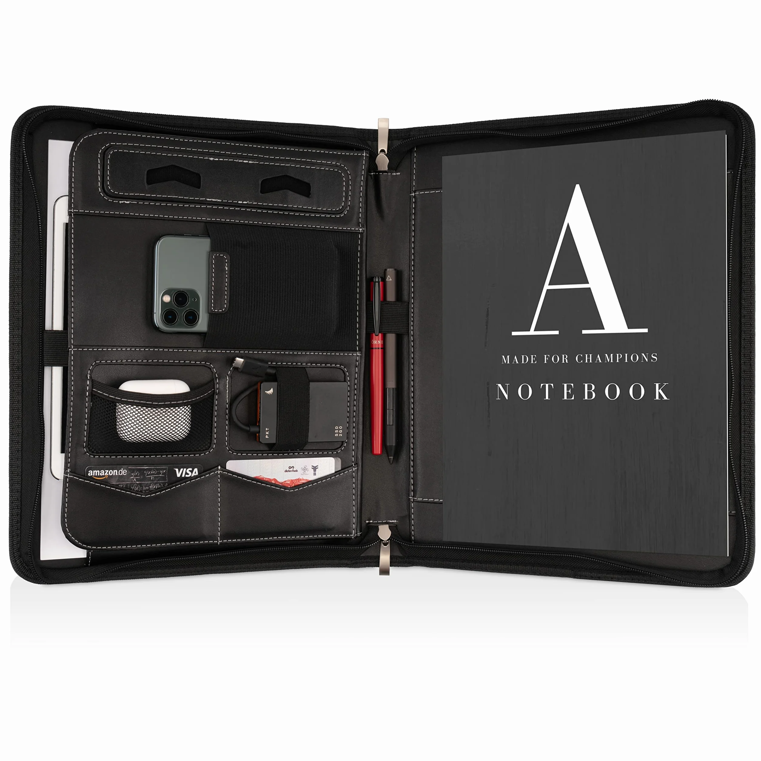 Portadocumentos A4 Premium con doble cremallera y compartimento de 13 pulgadas para la tableta, IPad Carpeta de Conferencias profesional de PU-cuero para hombres y mujeres