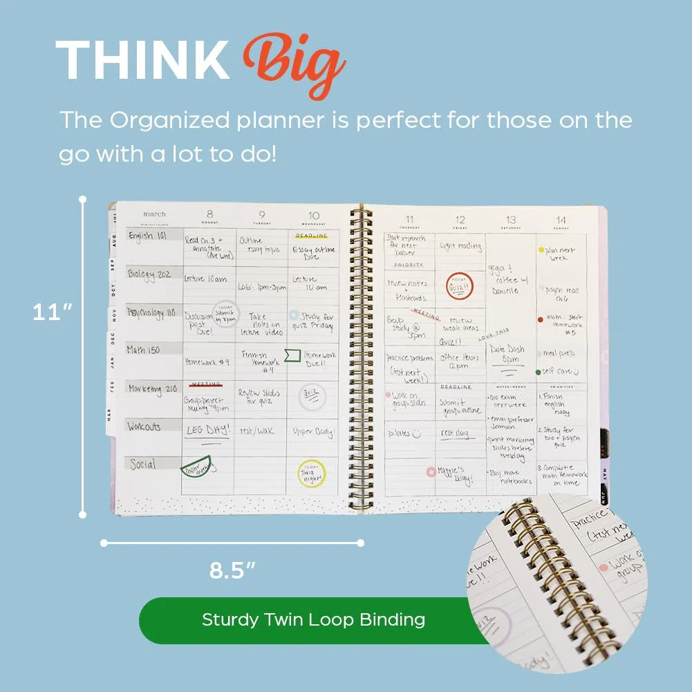 Organizado por Happy Planner - Agenda de doble bucle con fecha de 12 meses de julio de 2026 a junio de 2027, tamaño grande, 8.5 x 11 pulgadas, diseño académico, día de la suerte