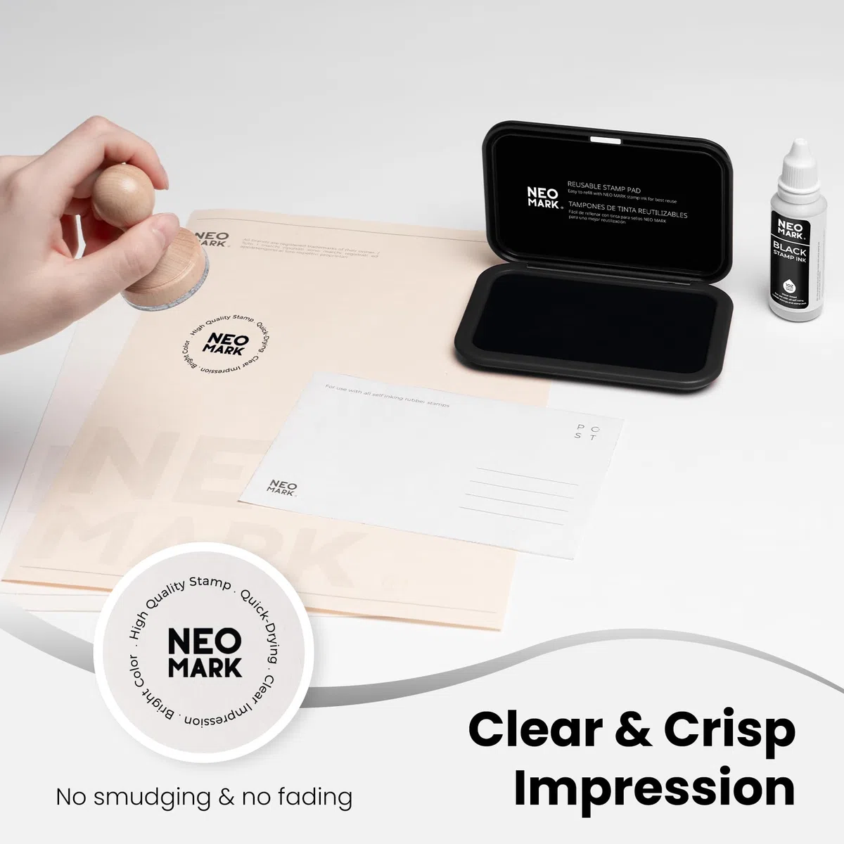 NEO MARK Kit de almohadillas para sellos (tinta de 1 onza incluida) – 4.4 x 2.3 pulgadas, tapa magnética, almohadilla de fieltro de alta calidad (negro)