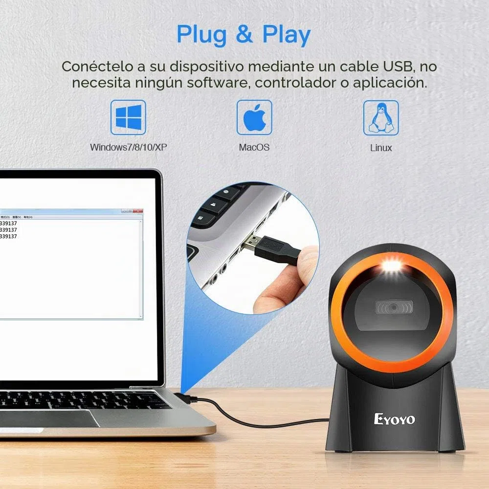 Eyoyo 1D 2D QR Escáner de código de Barras de Escritorio con Gran Ventana de escaneo, Lector de código de Barras Manos Libres Escáner con Plataforma de escaneo de Pantalla QR para almacén, PC