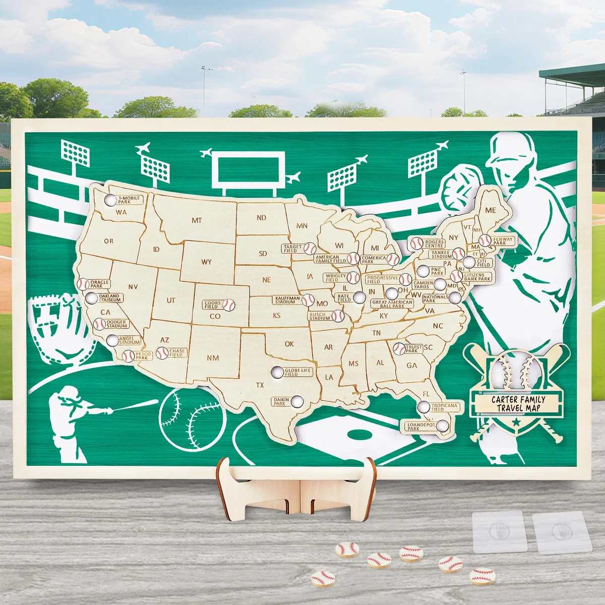 Mapa de estadio de béisbol, mapa de viaje de Estados Unidos con pines, decoración de béisbol, recuerdos deportivos, seguimiento de viajes de Estados Unidos, mapas de Estados Unidos para pared, regalo